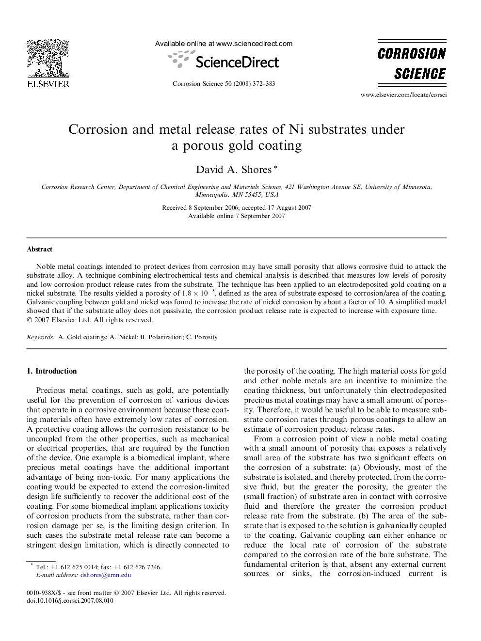 Corrosion and metal release rates of Ni substrates under a porous gold coating