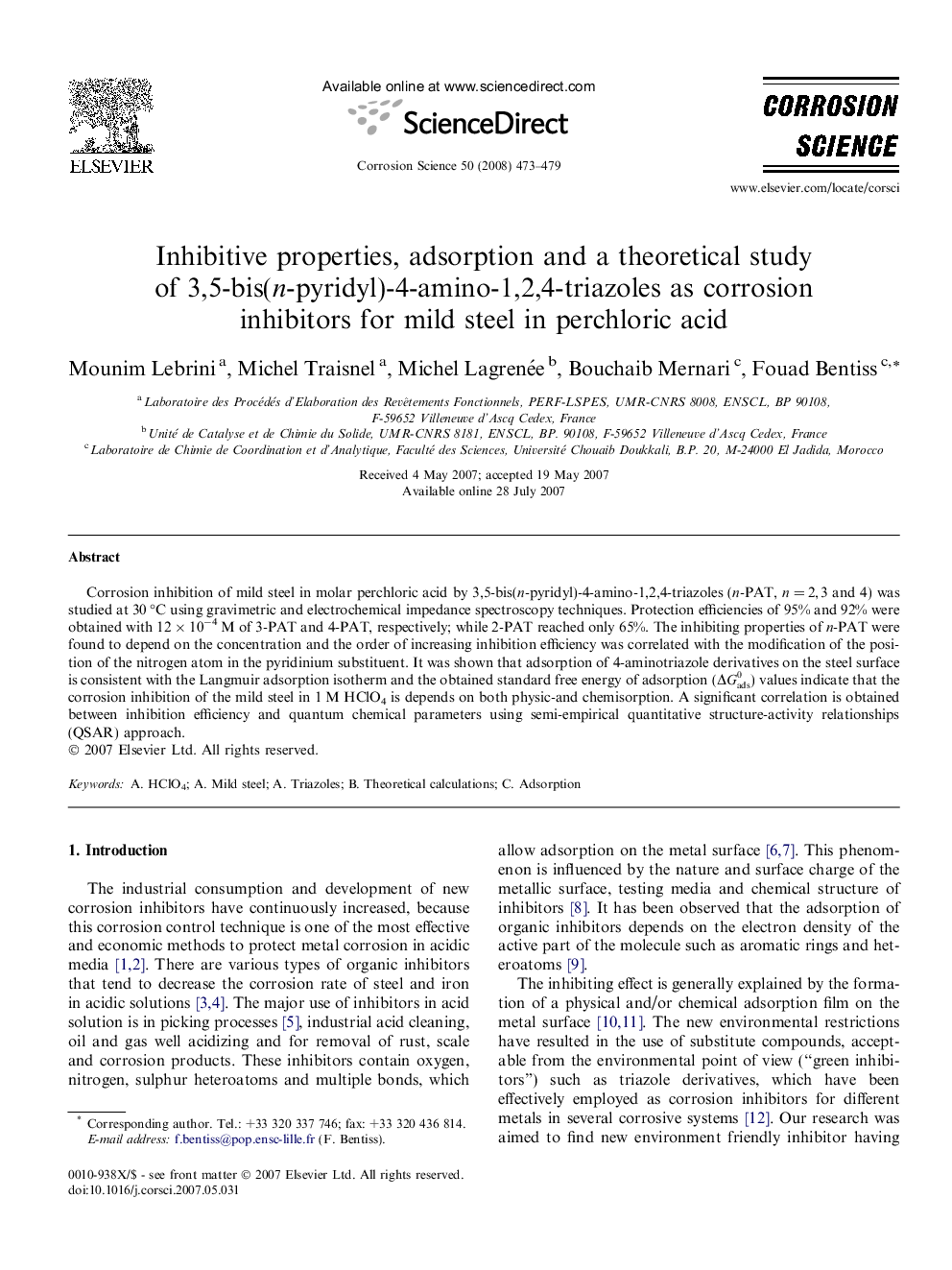 Inhibitive properties, adsorption and a theoretical study of 3,5-bis(n-pyridyl)-4-amino-1,2,4-triazoles as corrosion inhibitors for mild steel in perchloric acid