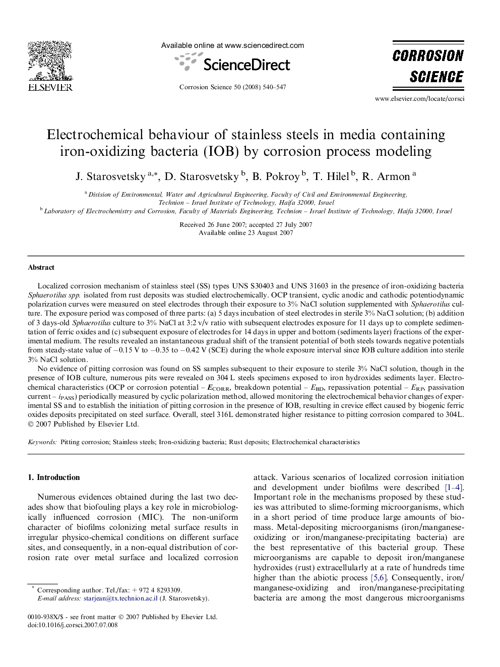 Electrochemical behaviour of stainless steels in media containing iron-oxidizing bacteria (IOB) by corrosion process modeling