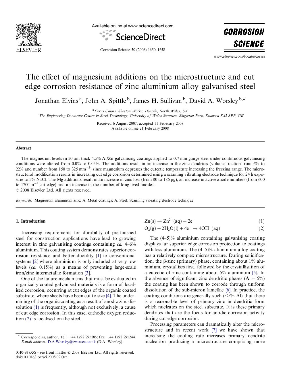 The effect of magnesium additions on the microstructure and cut edge corrosion resistance of zinc aluminium alloy galvanised steel