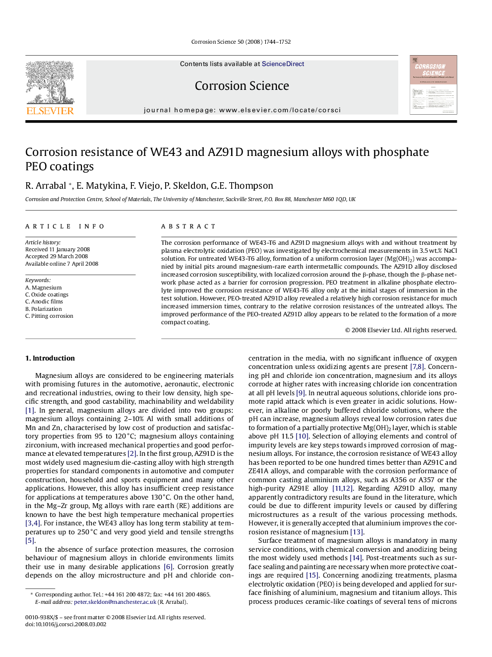 Corrosion resistance of WE43 and AZ91D magnesium alloys with phosphate PEO coatings