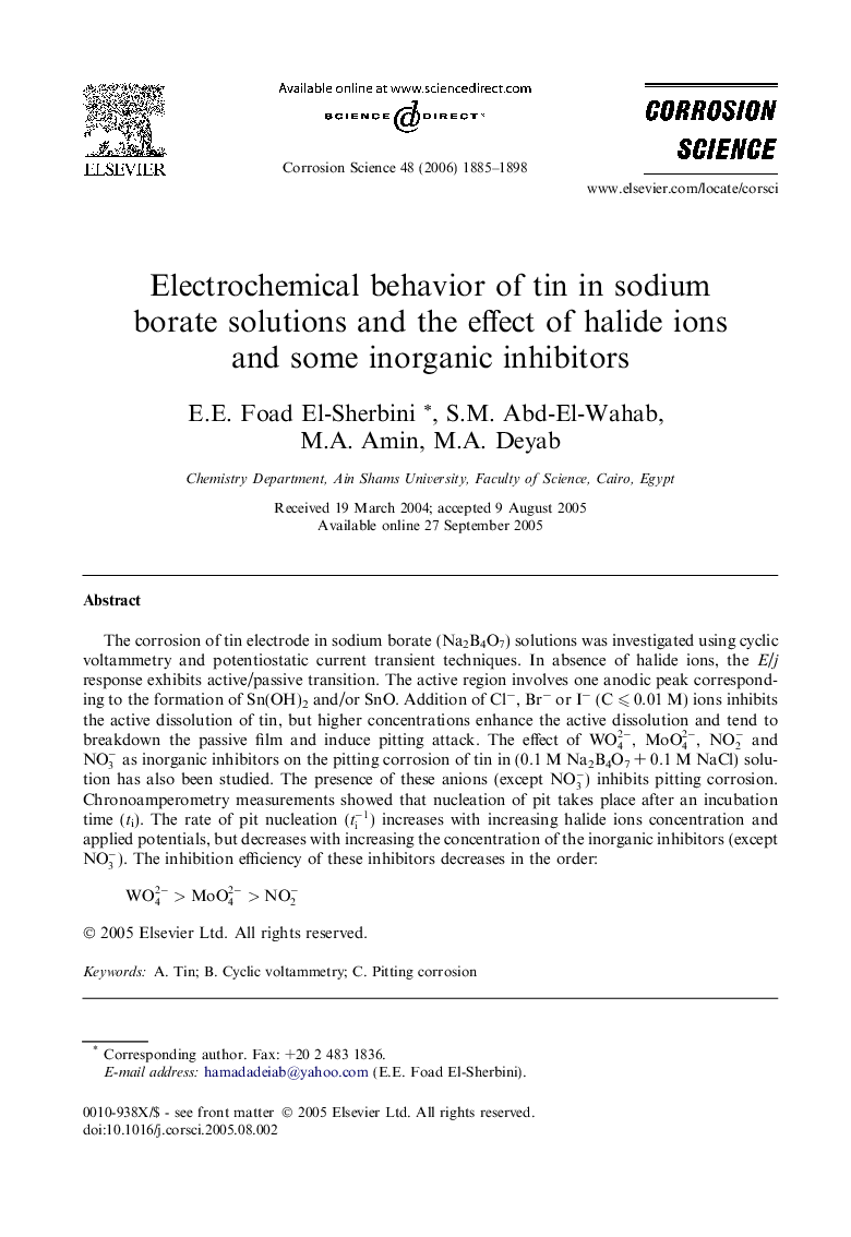 Electrochemical behavior of tin in sodium borate solutions and the effect of halide ions and some inorganic inhibitors