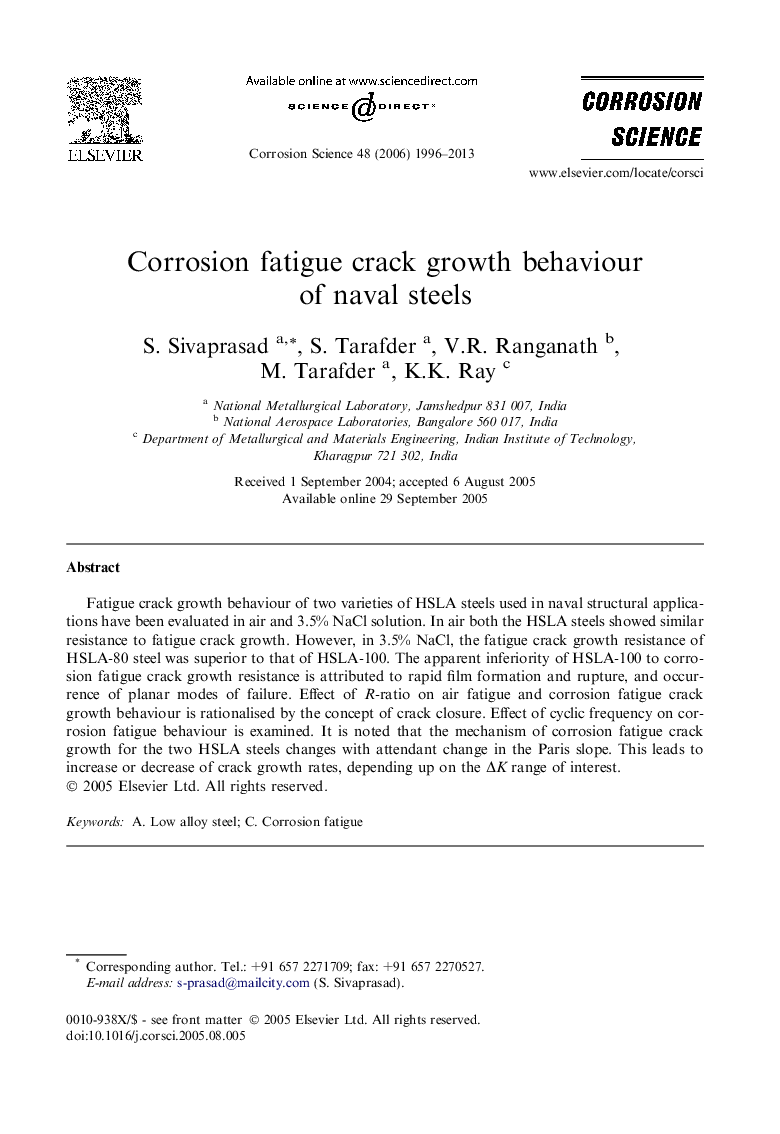 Corrosion fatigue crack growth behaviour of naval steels