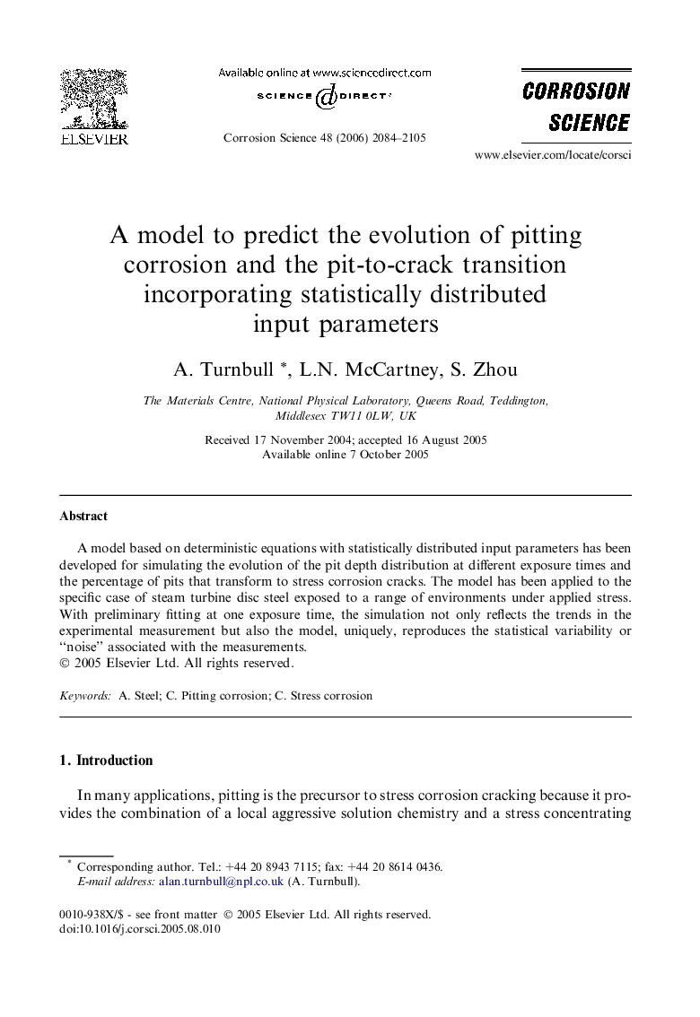 A model to predict the evolution of pitting corrosion and the pit-to-crack transition incorporating statistically distributed input parameters