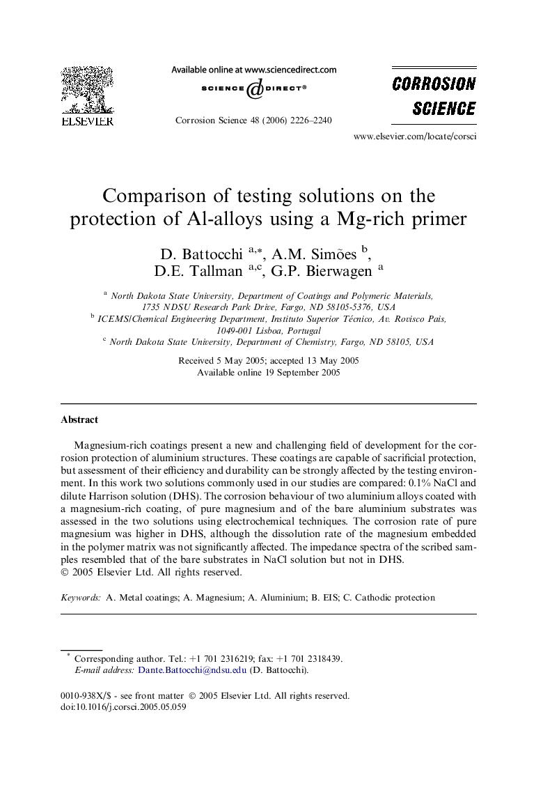 Comparison of testing solutions on the protection of Al-alloys using a Mg-rich primer