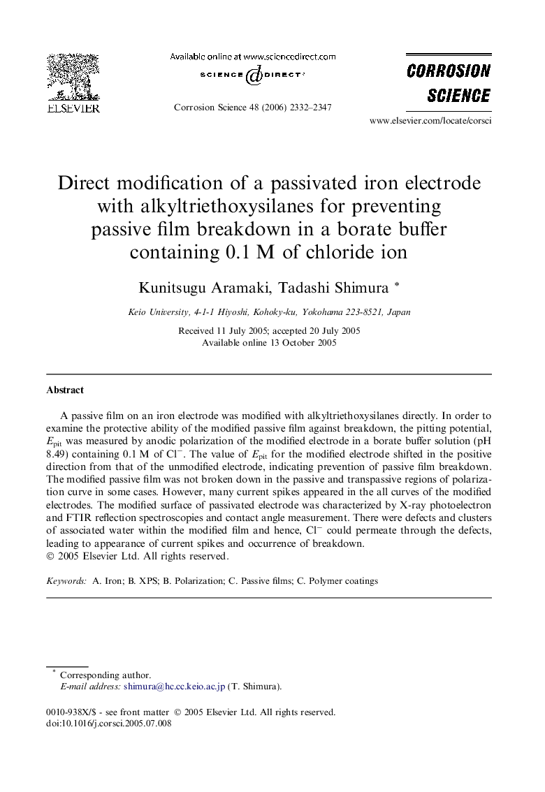 Direct modification of a passivated iron electrode with alkyltriethoxysilanes for preventing passive film breakdown in a borate buffer containing 0.1 M of chloride ion