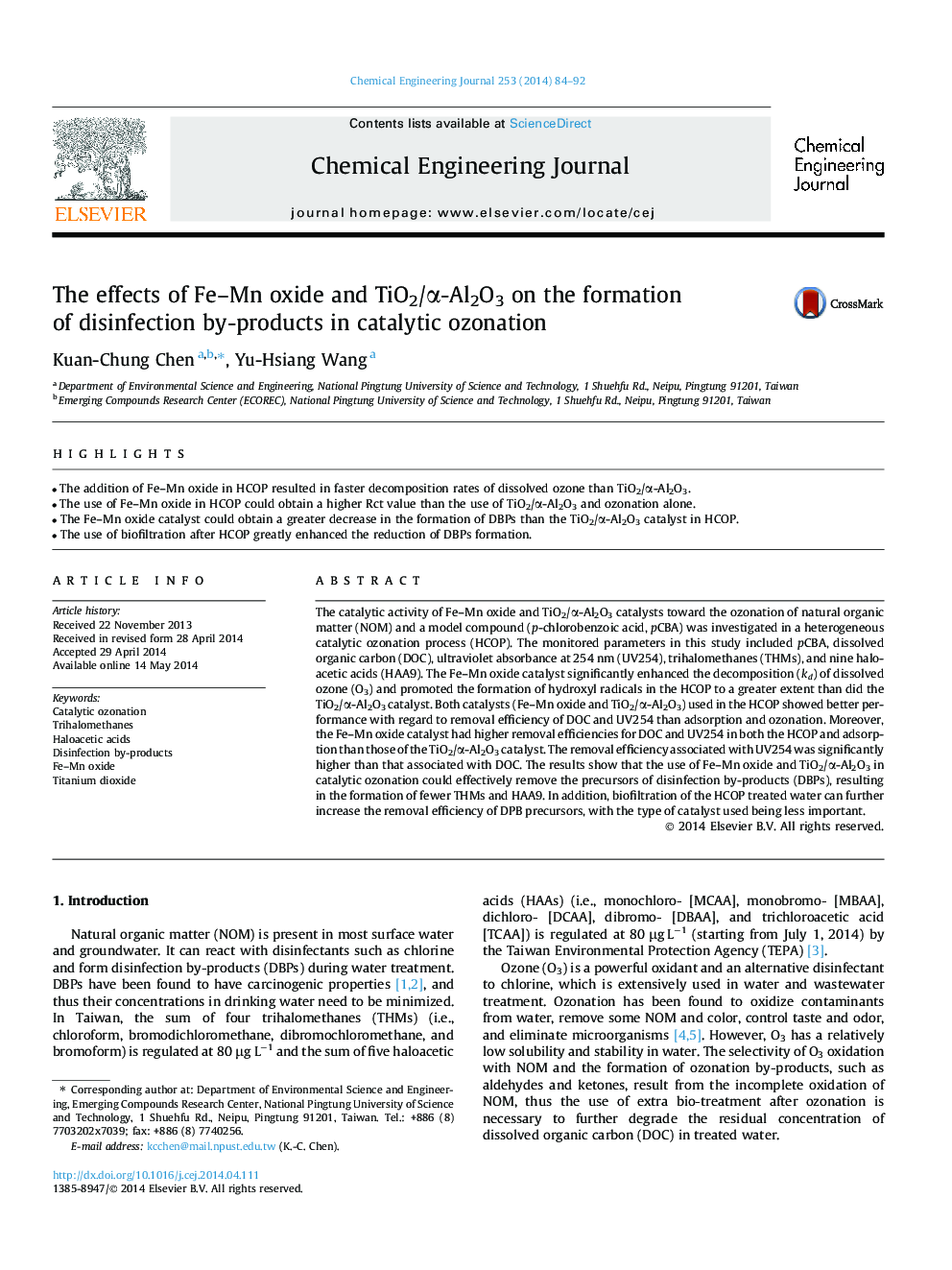 The effects of Fe–Mn oxide and TiO2/α-Al2O3 on the formation of disinfection by-products in catalytic ozonation