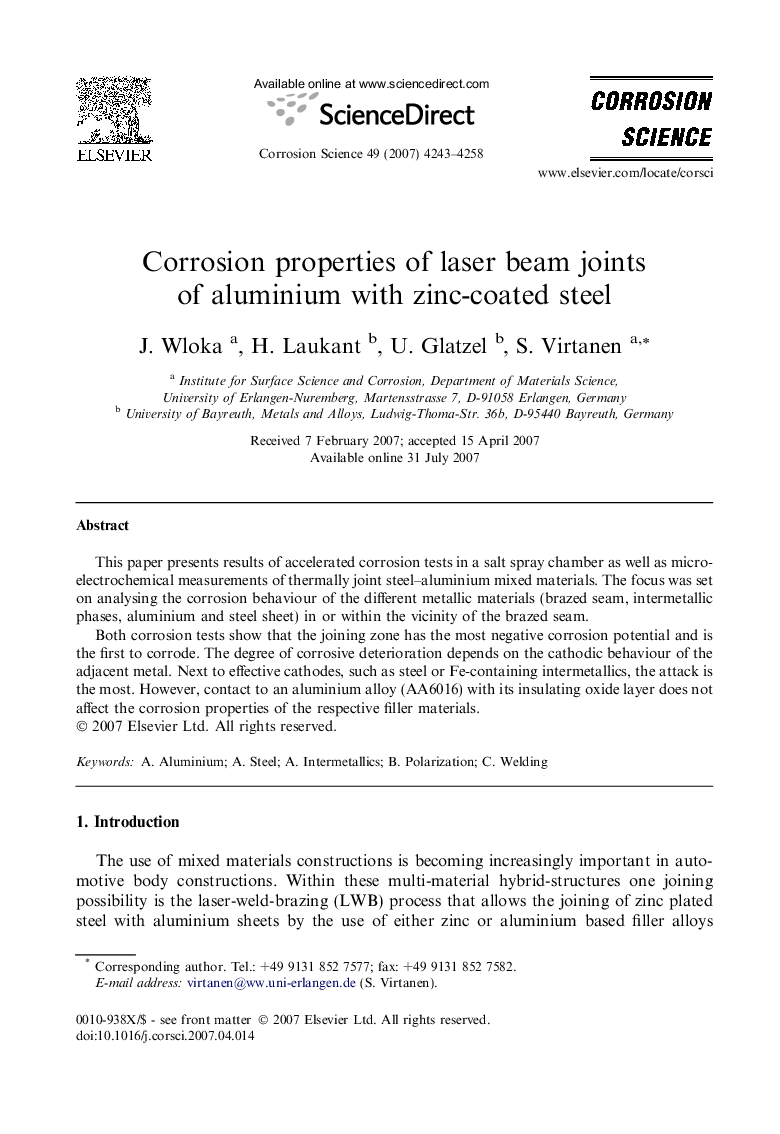 Corrosion properties of laser beam joints of aluminium with zinc-coated steel