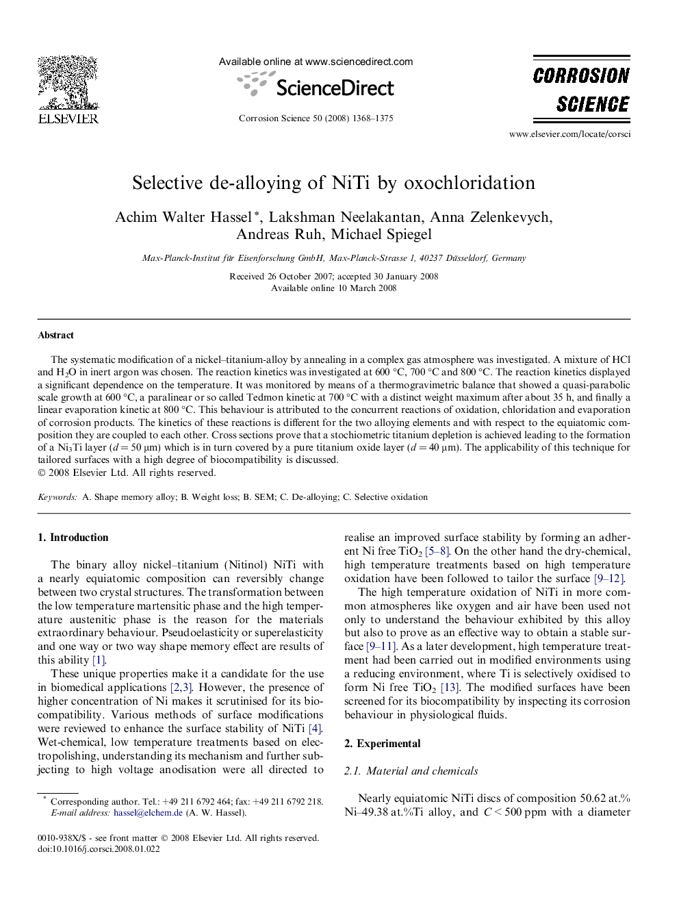 Selective de-alloying of NiTi by oxochloridation