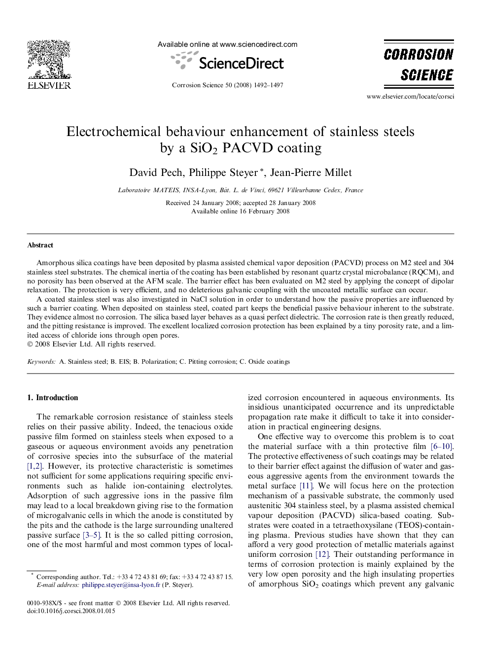 Electrochemical behaviour enhancement of stainless steels by a SiO2 PACVD coating