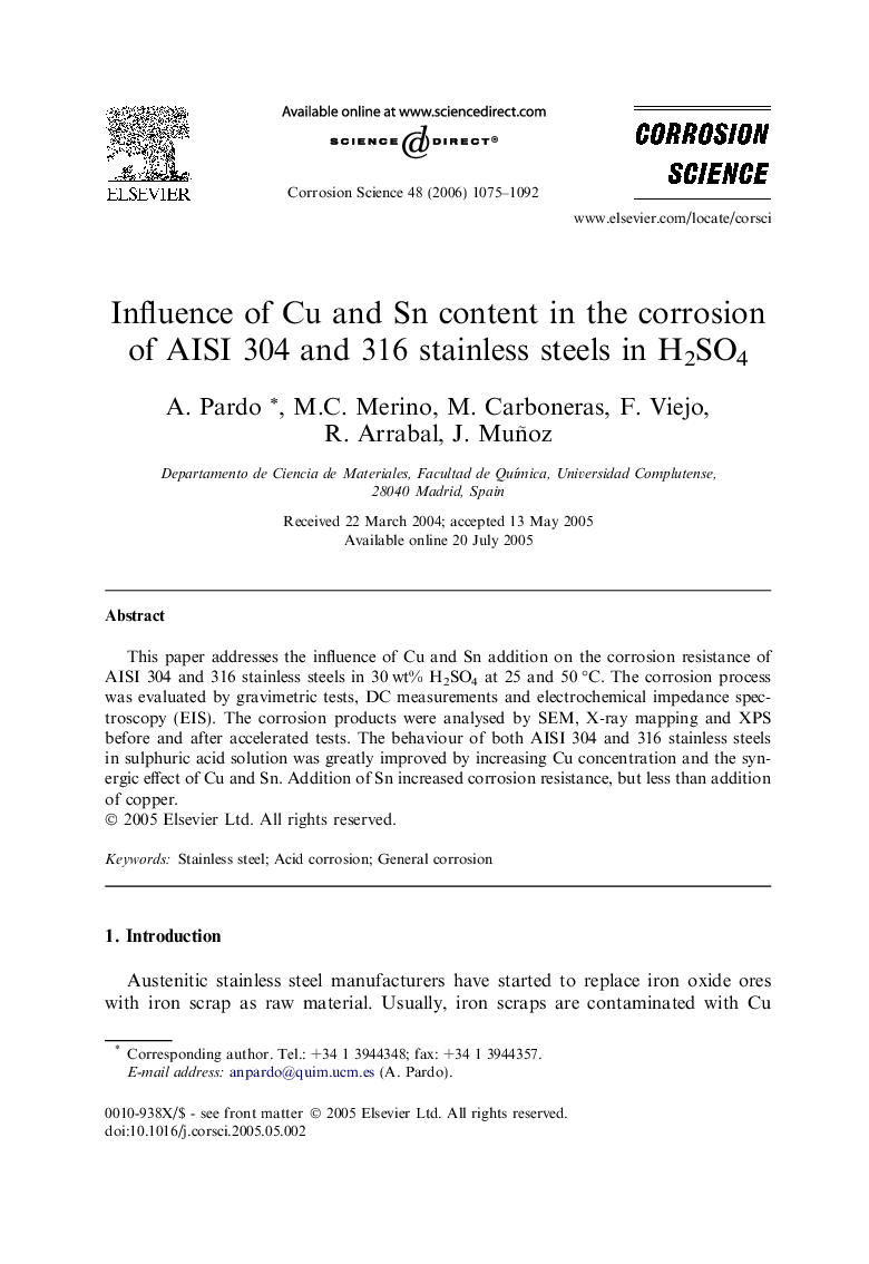 Influence of Cu and Sn content in the corrosion of AISI 304 and 316 stainless steels in H2SO4