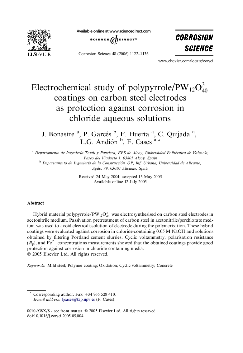 Electrochemical study of polypyrrole/PW12O403- coatings on carbon steel electrodes as protection against corrosion in chloride aqueous solutions