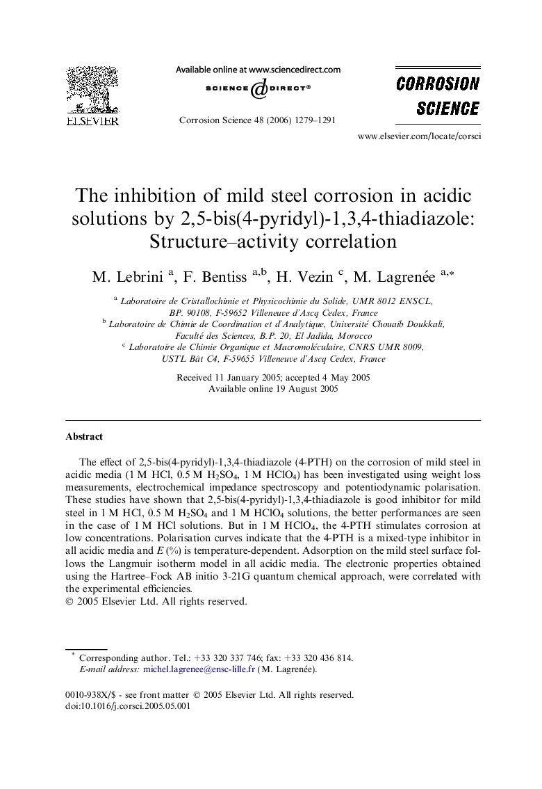 The inhibition of mild steel corrosion in acidic solutions by 2,5-bis(4-pyridyl)-1,3,4-thiadiazole: Structure-activity correlation