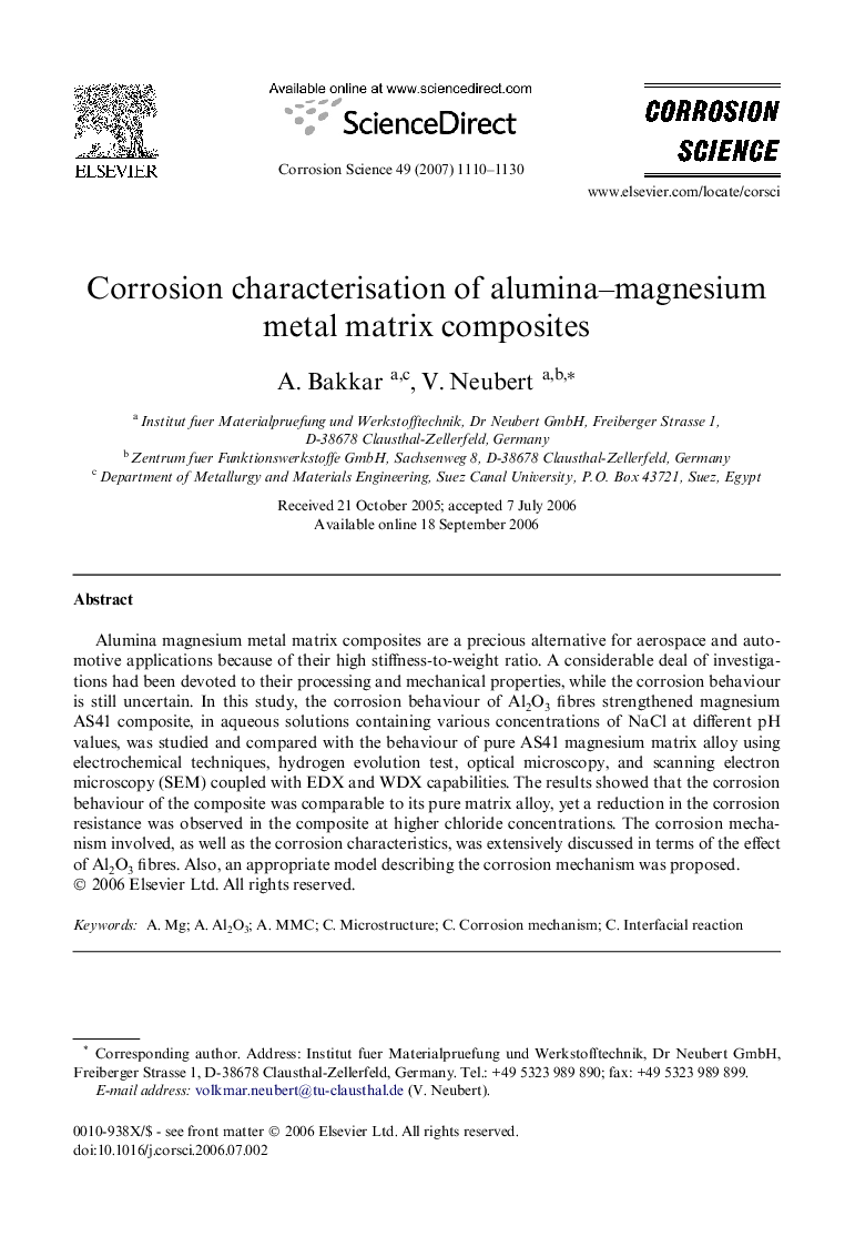 Corrosion characterisation of alumina–magnesium metal matrix composites