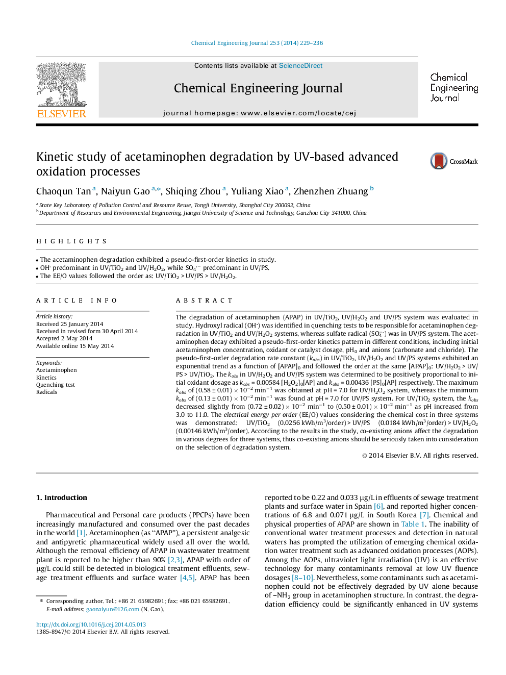 Kinetic study of acetaminophen degradation by UV-based advanced oxidation processes