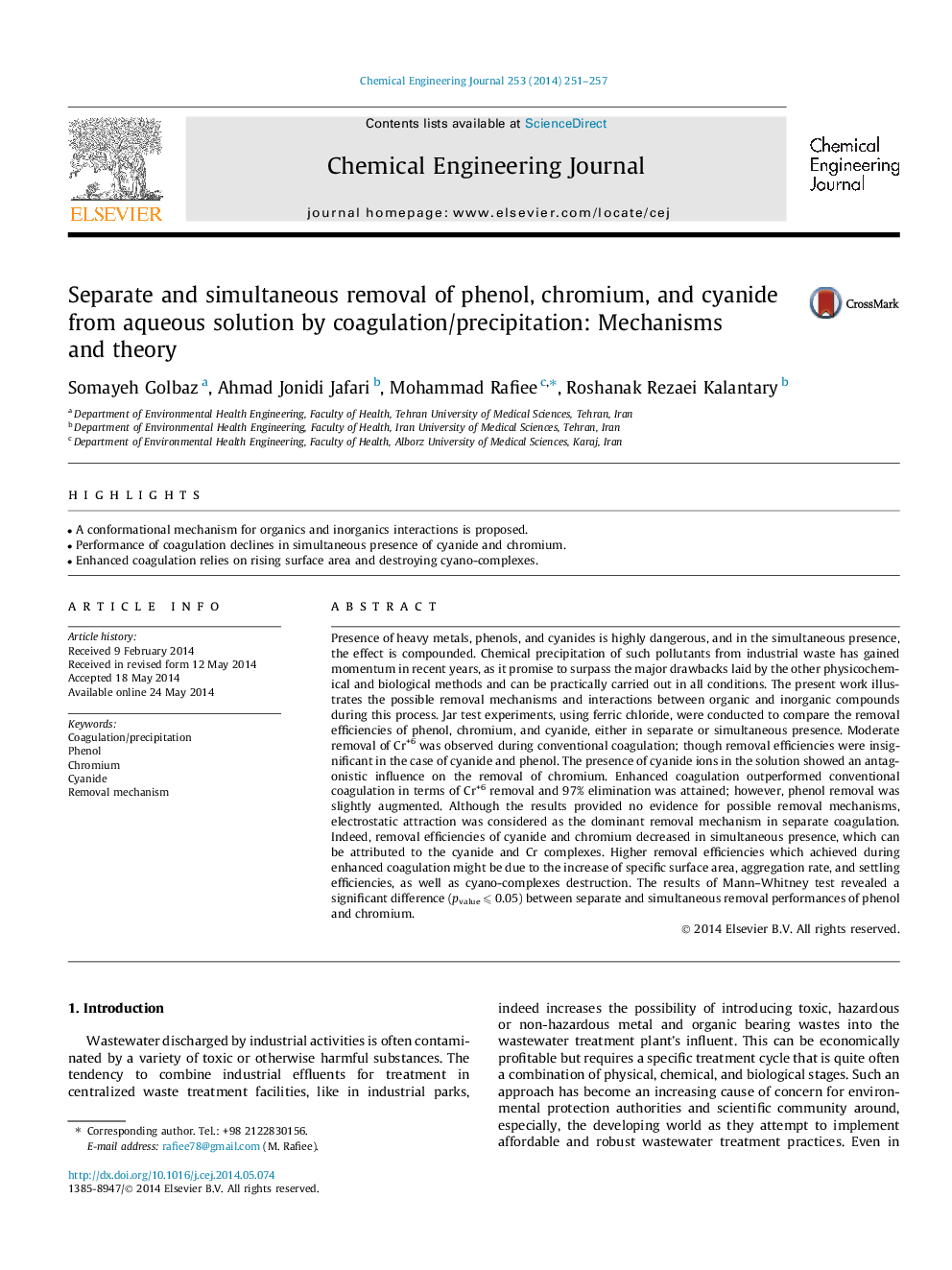 Separate and simultaneous removal of phenol, chromium, and cyanide from aqueous solution by coagulation/precipitation: Mechanisms and theory