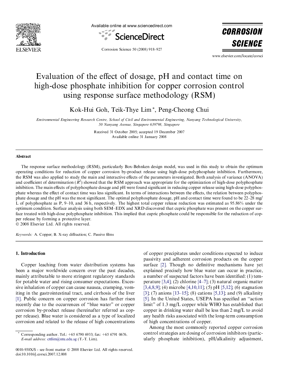 Evaluation of the effect of dosage, pH and contact time on high-dose phosphate inhibition for copper corrosion control using response surface methodology (RSM)