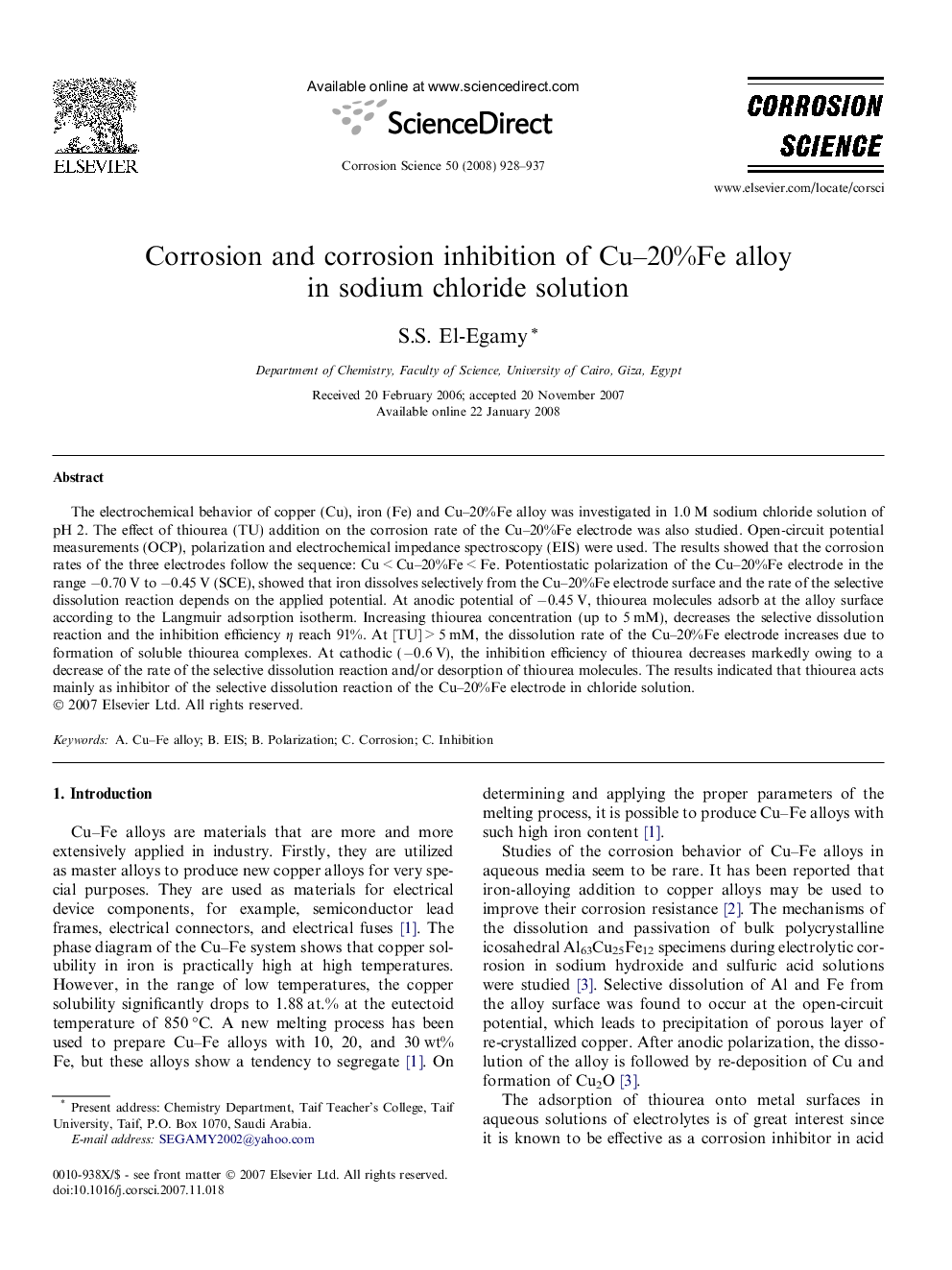 Corrosion and corrosion inhibition of Cu–20%Fe alloy in sodium chloride solution