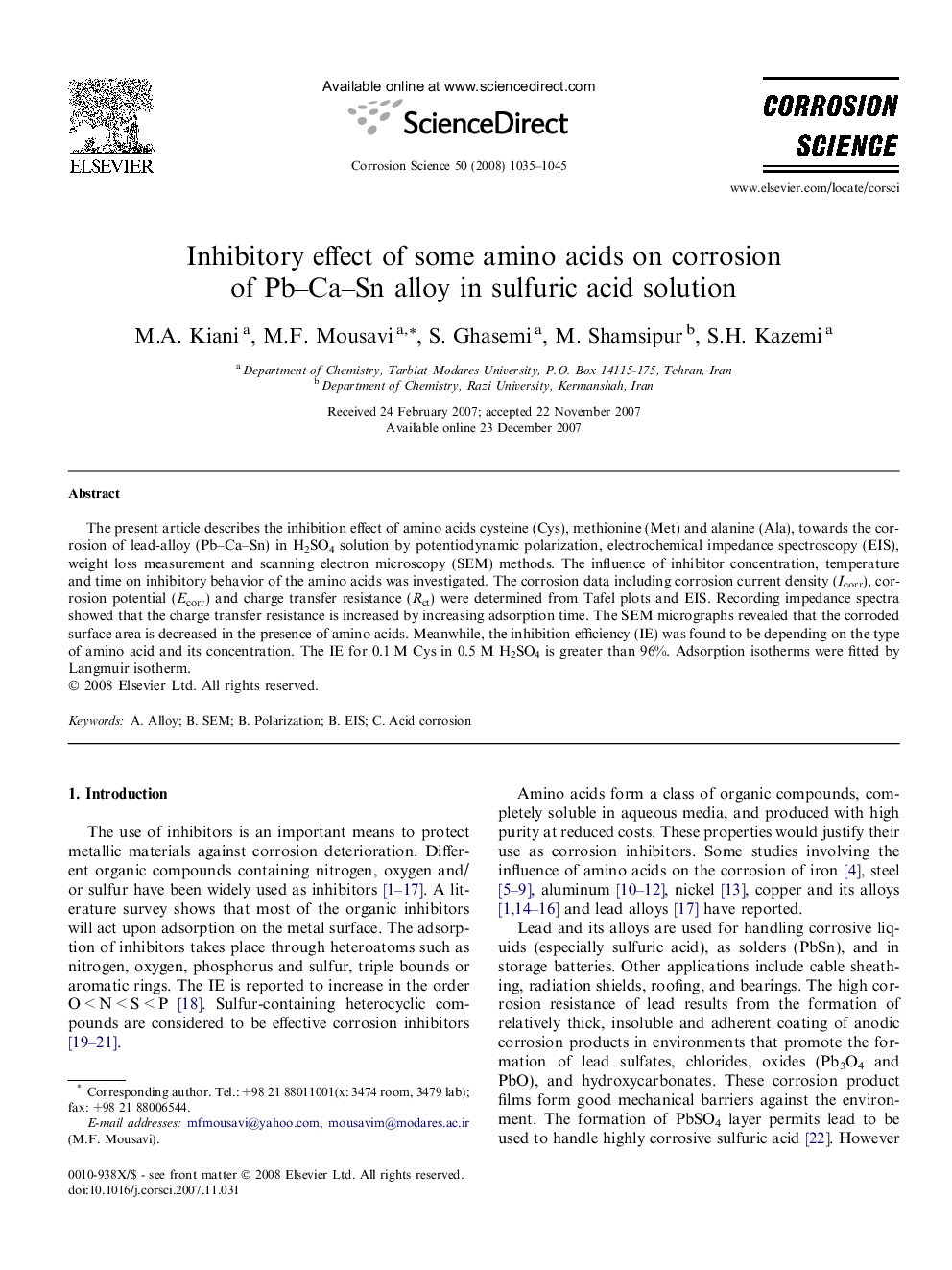 Inhibitory effect of some amino acids on corrosion of Pb–Ca–Sn alloy in sulfuric acid solution