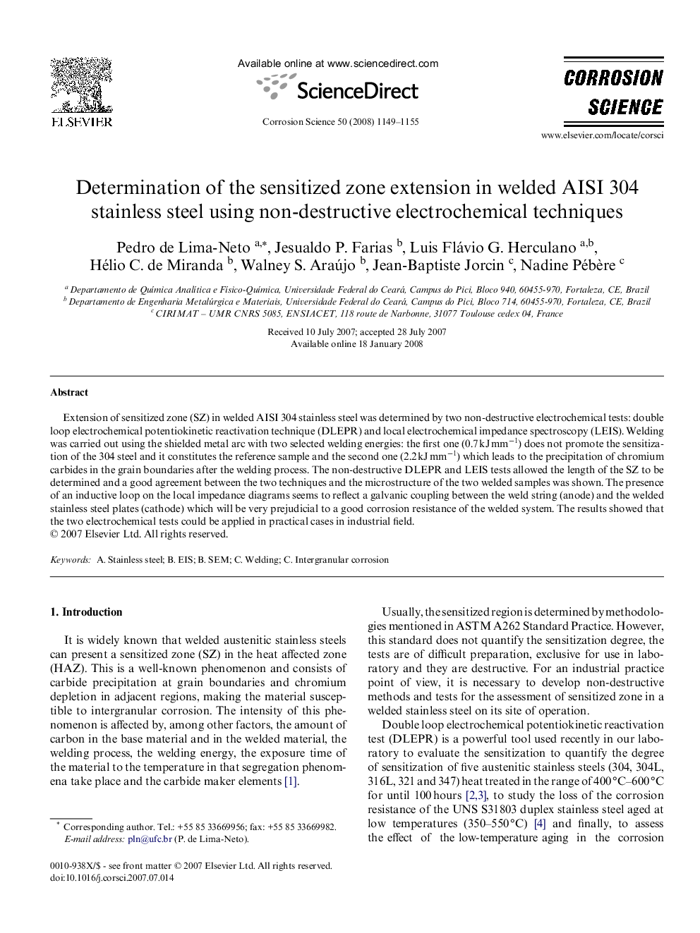 Determination of the sensitized zone extension in welded AISI 304 stainless steel using non-destructive electrochemical techniques