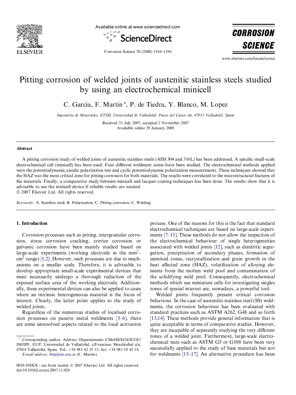 Pitting corrosion of welded joints of austenitic stainless steels studied by using an electrochemical minicell