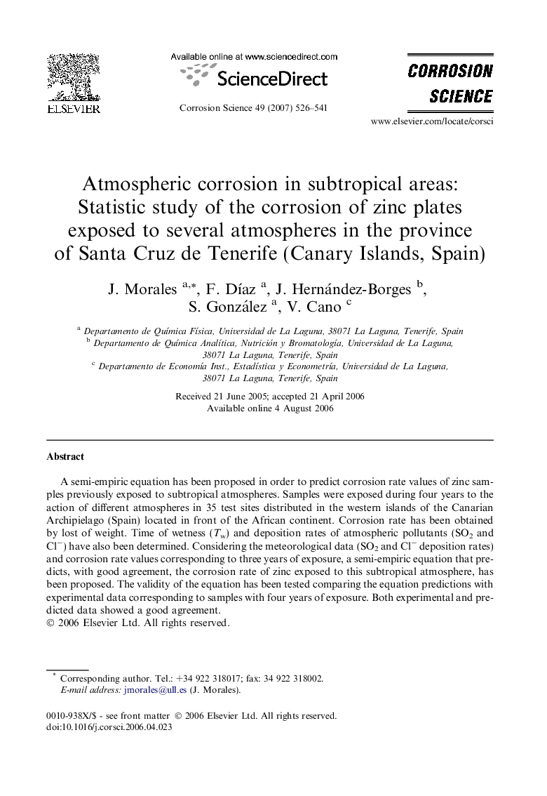 Atmospheric corrosion in subtropical areas: Statistic study of the corrosion of zinc plates exposed to several atmospheres in the province of Santa Cruz de Tenerife (Canary Islands, Spain)