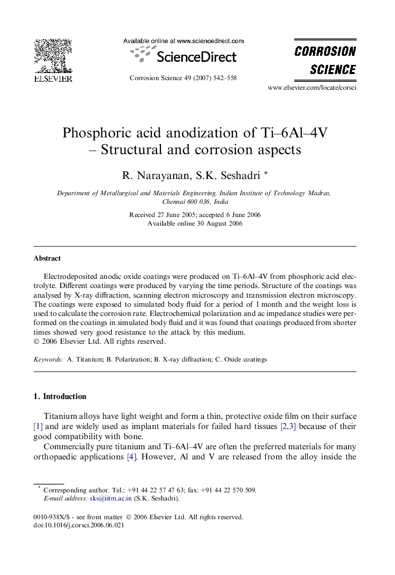 Phosphoric acid anodization of Ti–6Al–4V – Structural and corrosion aspects