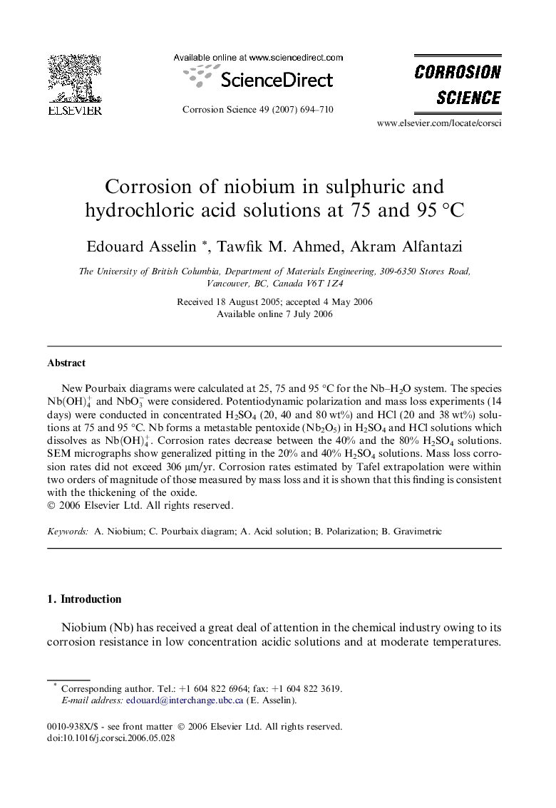 Corrosion of niobium in sulphuric and hydrochloric acid solutions at 75 and 95 °C