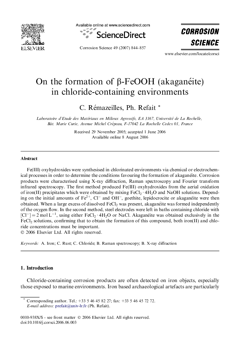 On the formation of β-FeOOH (akaganéite) in chloride-containing environments