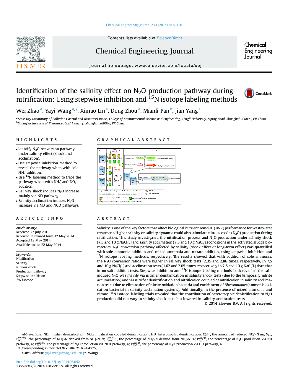 Identification of the salinity effect on N2O production pathway during nitrification: Using stepwise inhibition and 15N isotope labeling methods