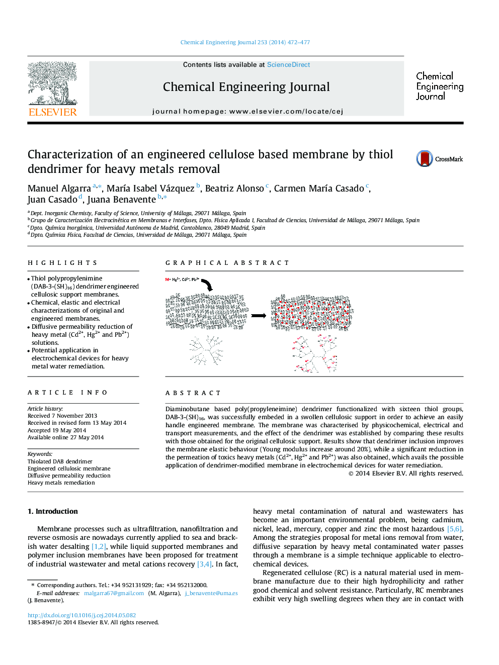 Characterization of an engineered cellulose based membrane by thiol dendrimer for heavy metals removal