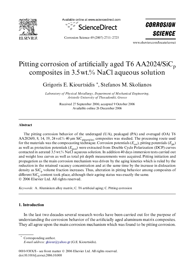 Pitting corrosion of artificially aged T6 AA2024/SiCp composites in 3.5 wt.% NaCl aqueous solution
