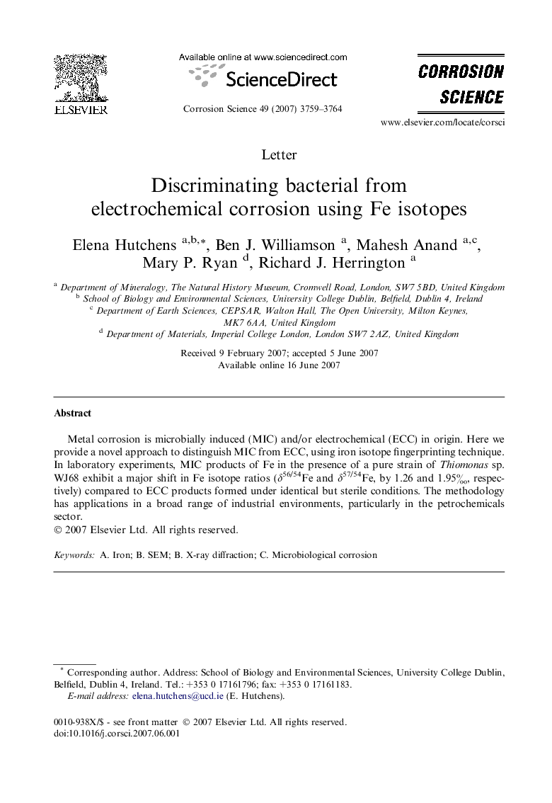Discriminating bacterial from electrochemical corrosion using Fe isotopes