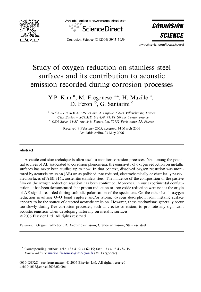 Study of oxygen reduction on stainless steel surfaces and its contribution to acoustic emission recorded during corrosion processes