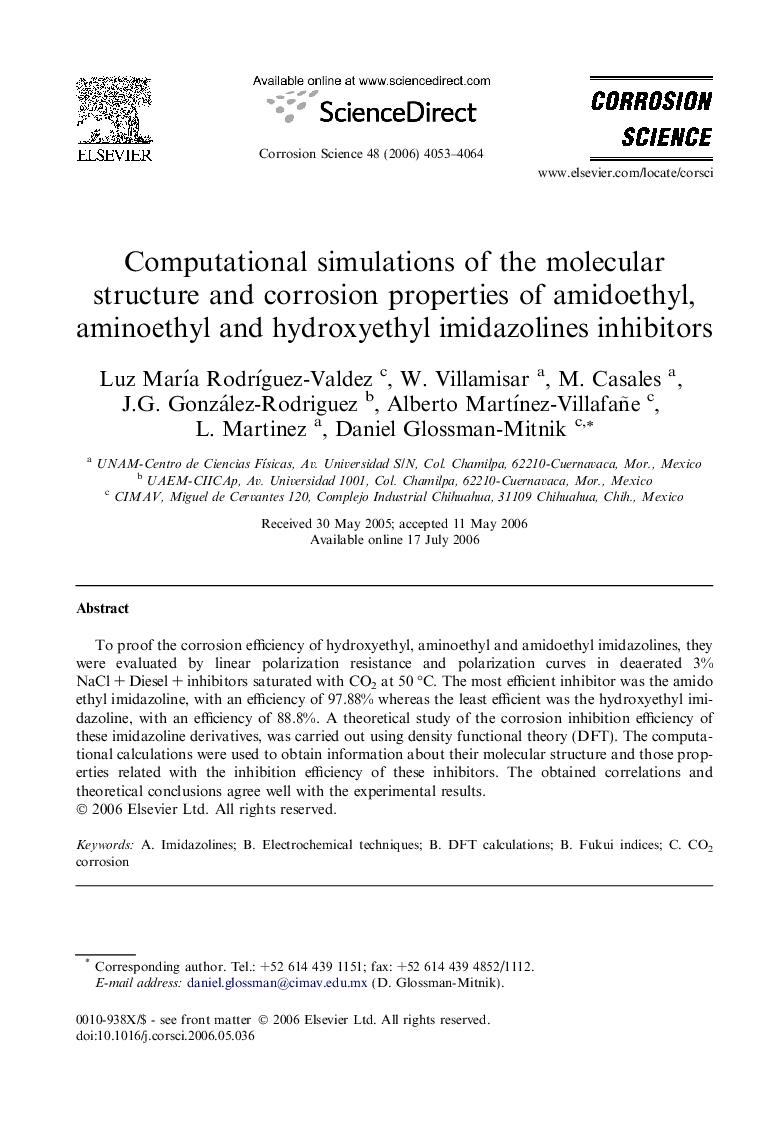 Computational simulations of the molecular structure and corrosion properties of amidoethyl, aminoethyl and hydroxyethyl imidazolines inhibitors