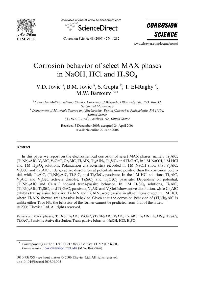 Corrosion behavior of select MAX phases in NaOH, HCl and H2SO4