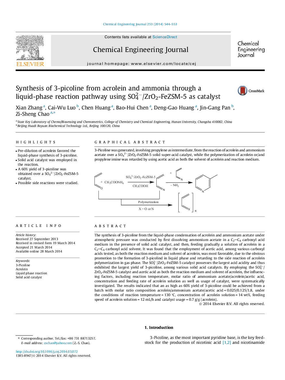 Synthesis of 3-picoline from acrolein and ammonia through a liquid-phase reaction pathway using SO42−/ZrO2-FeZSM-5 as catalyst