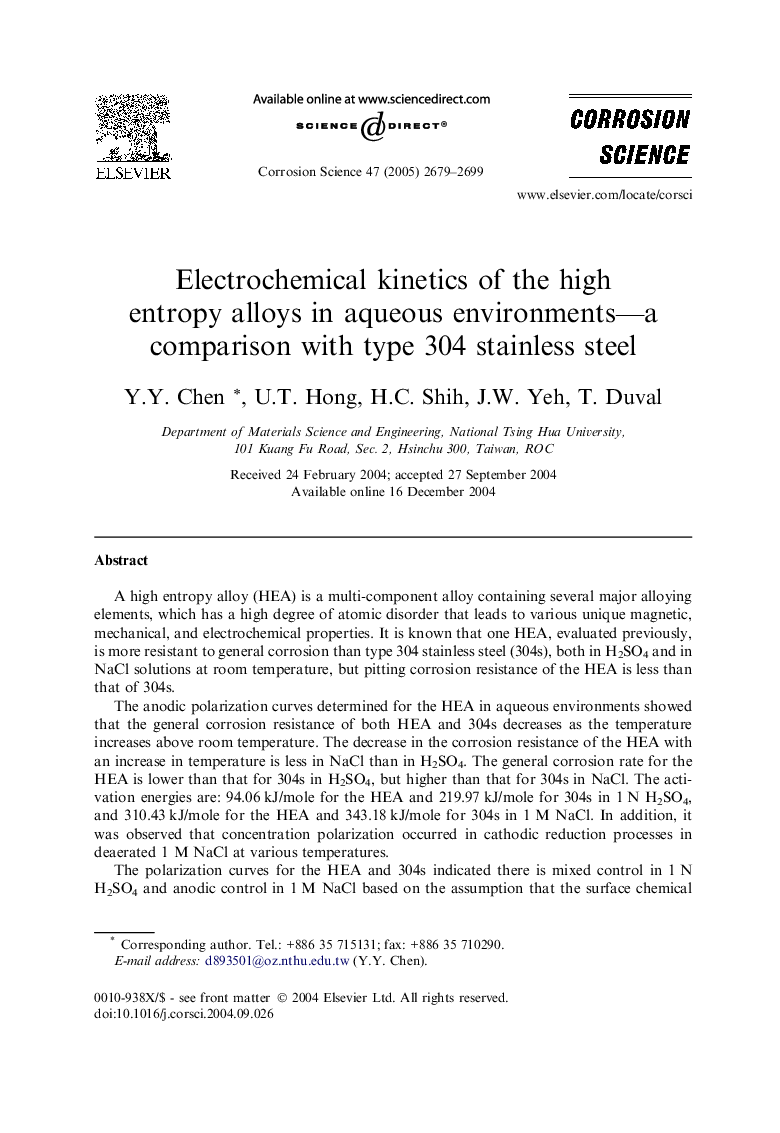 Electrochemical kinetics of the high entropy alloys in aqueous environments—a comparison with type 304 stainless steel