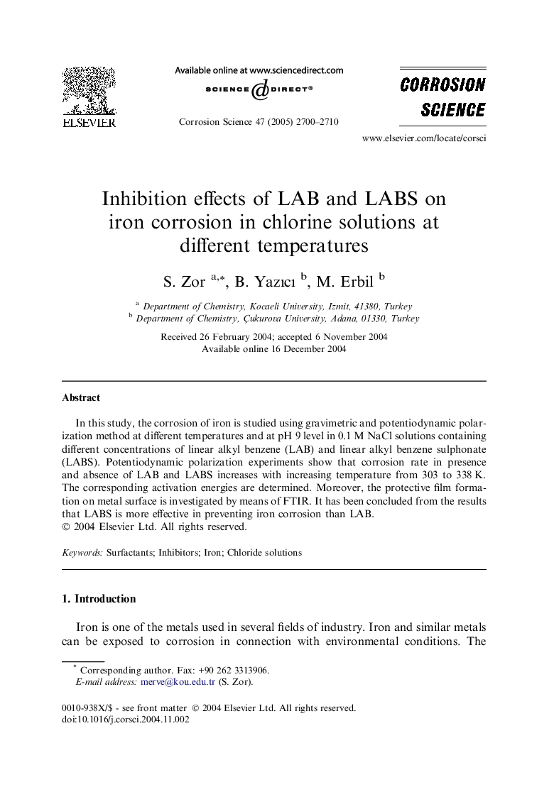 Inhibition effects of LAB and LABS on iron corrosion in chlorine solutions at different temperatures