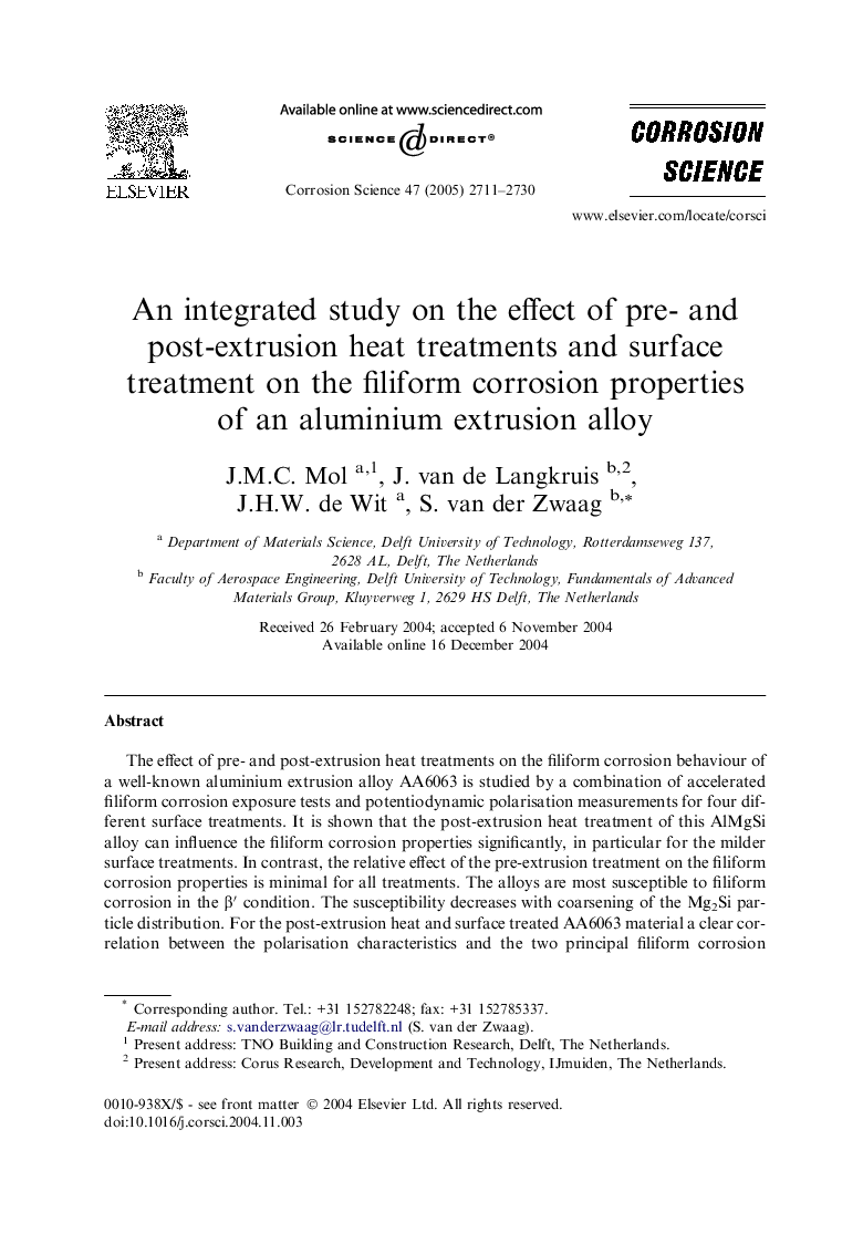 An integrated study on the effect of pre- and post-extrusion heat treatments and surface treatment on the filiform corrosion properties of an aluminium extrusion alloy