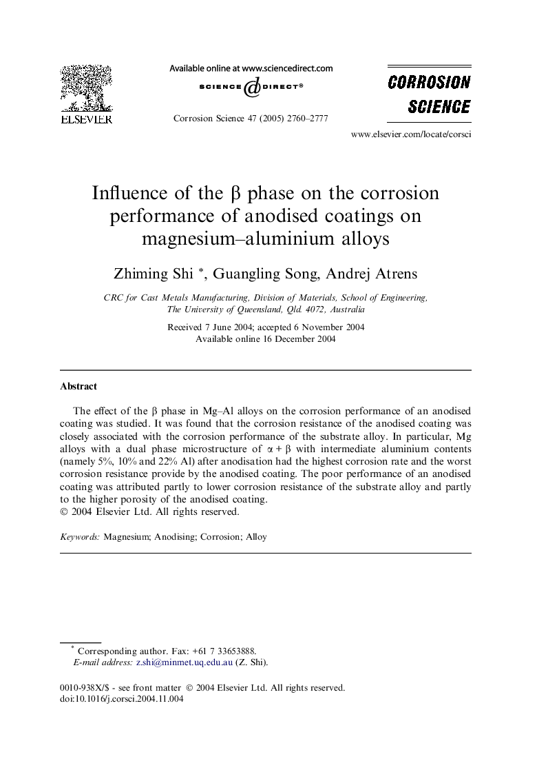 Influence of the β phase on the corrosion performance of anodised coatings on magnesium–aluminium alloys