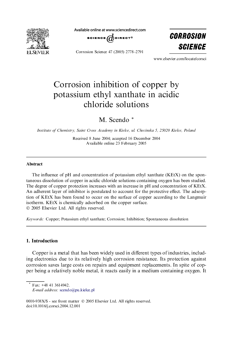 Corrosion inhibition of copper by potassium ethyl xanthate in acidic chloride solutions