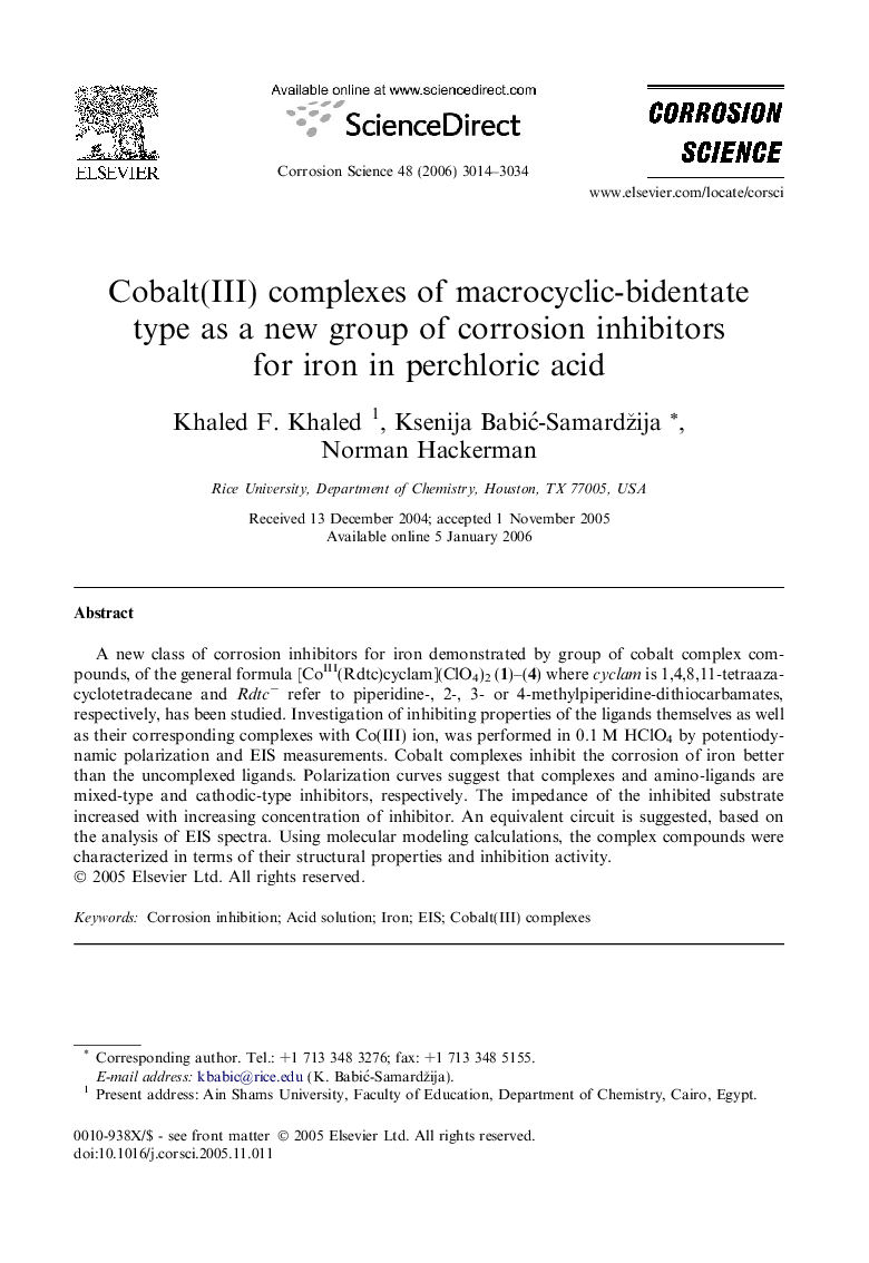 Cobalt(III) complexes of macrocyclic-bidentate type as a new group of corrosion inhibitors for iron in perchloric acid