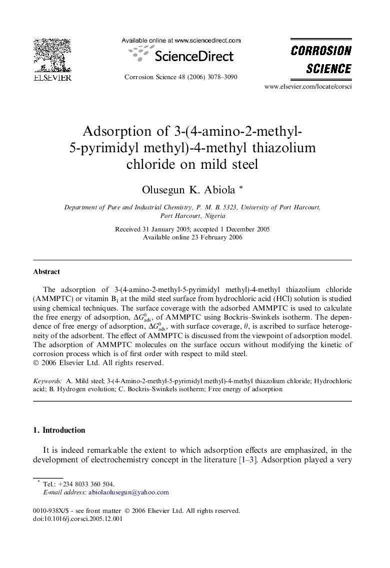 Adsorption of 3-(4-amino-2-methyl-5-pyrimidyl methyl)-4-methyl thiazolium chloride on mild steel