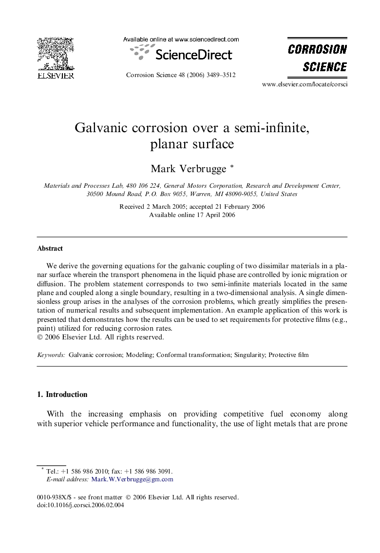 Galvanic corrosion over a semi-infinite, planar surface