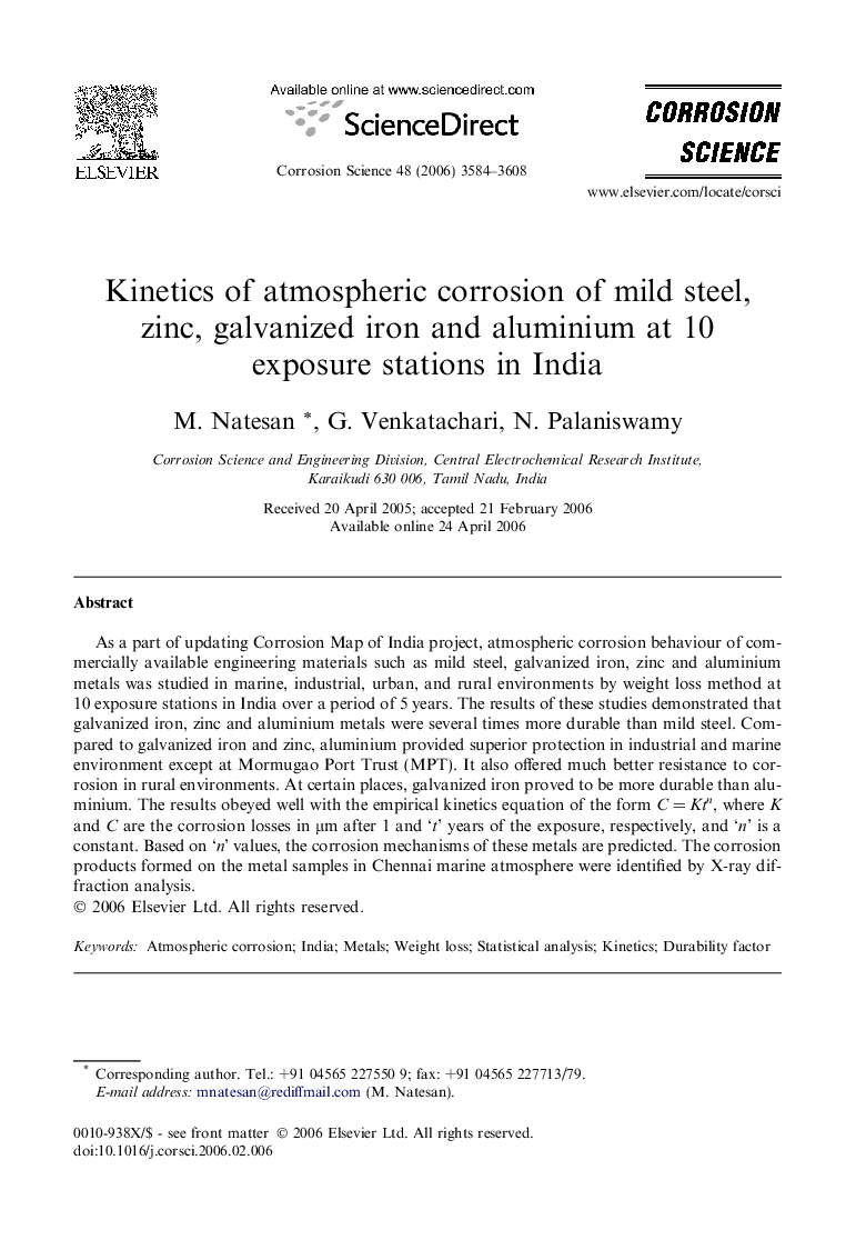 Kinetics of atmospheric corrosion of mild steel, zinc, galvanized iron and aluminium at 10 exposure stations in India