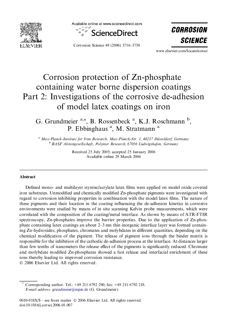 Corrosion protection of Zn-phosphate containing water borne dispersion coatings: Part 2: Investigations of the corrosive de-adhesion of model latex coatings on iron