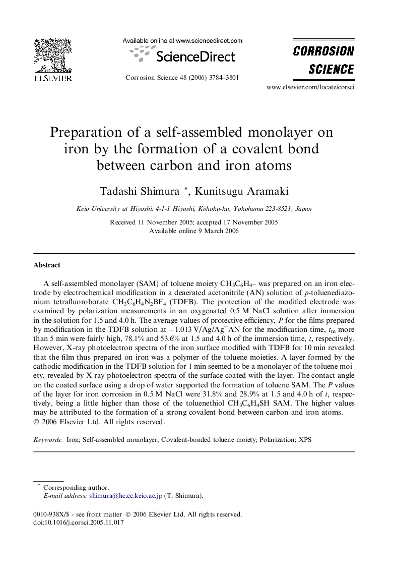 Preparation of a self-assembled monolayer on iron by the formation of a covalent bond between carbon and iron atoms