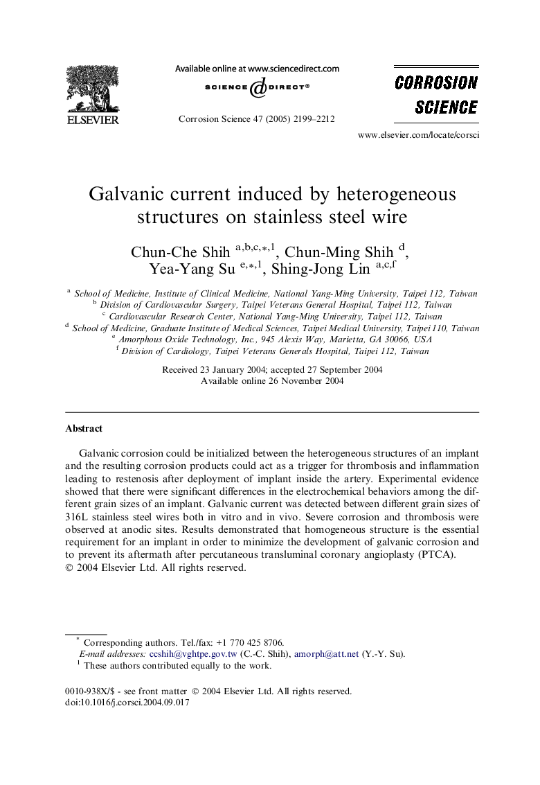 Galvanic current induced by heterogeneous structures on stainless steel wire