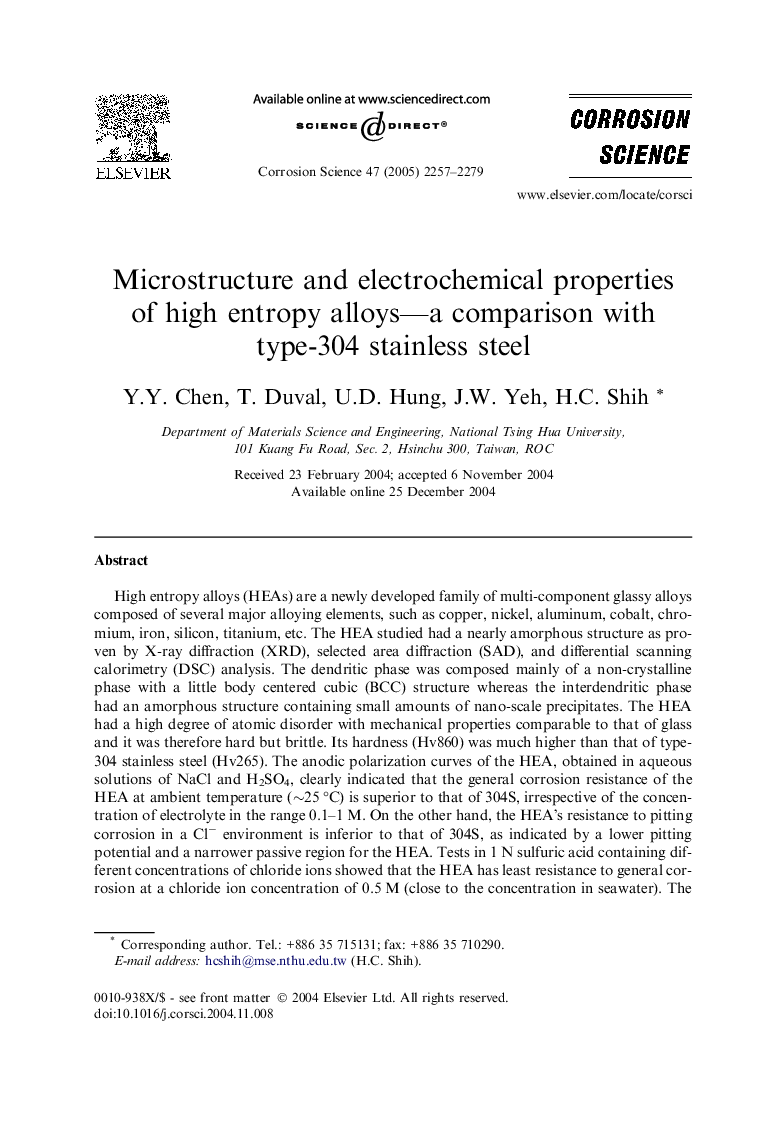 Microstructure and electrochemical properties of high entropy alloys—a comparison with type-304 stainless steel